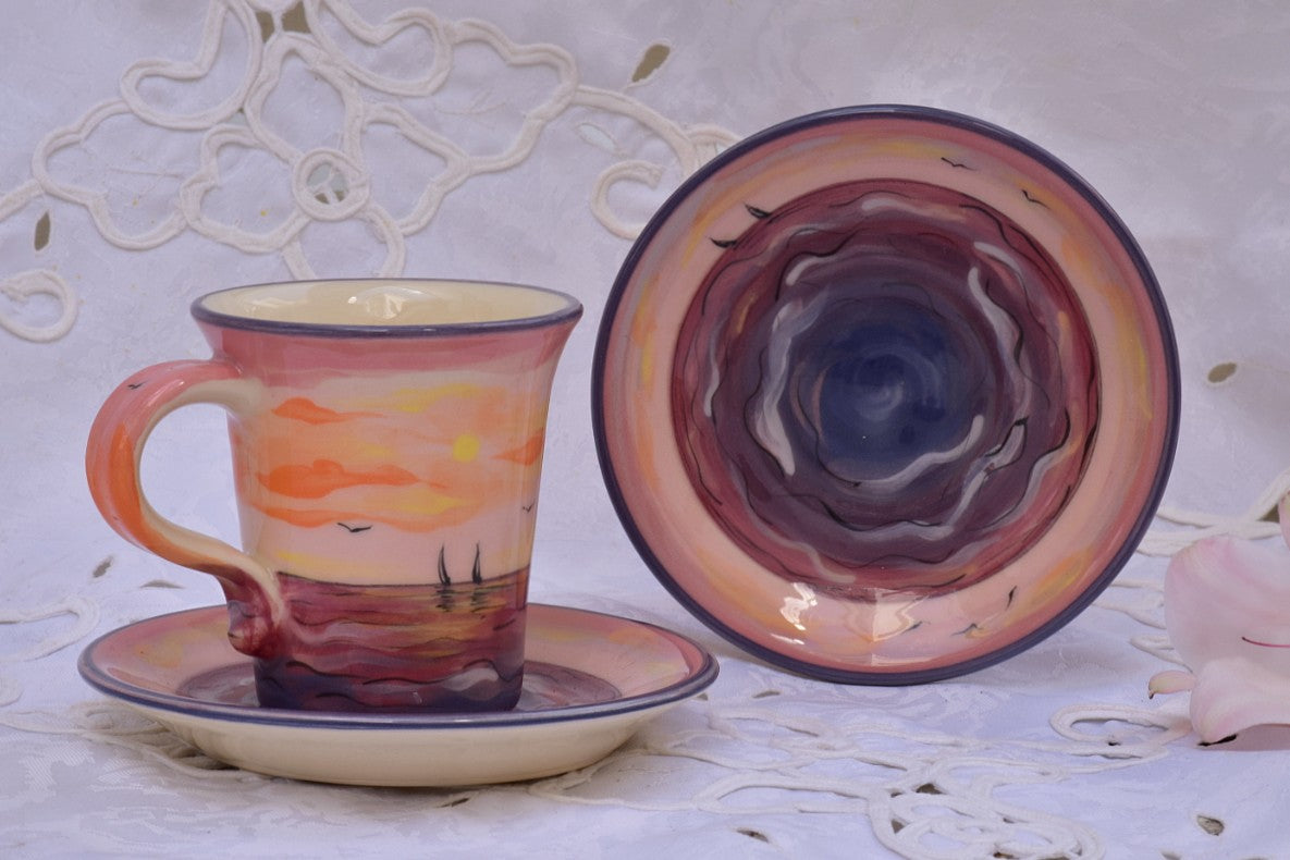 Hand Thrown & Hand Decorated Ceramic Coffee Cup with Saucer in Stoneware, 110 ml - Lillie Ceramics