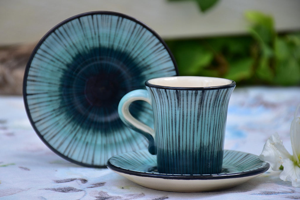 Hand Thrown & Hand Decorated Ceramic Espresso Cup with Saucer in Stoneware, 60 ml - Lillie Ceramics